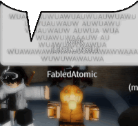 a cartoon character with a speech bubble that says " fabledatomic "