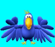 a blue cartoon bird with a yellow beak is spreading its wings on a blue background