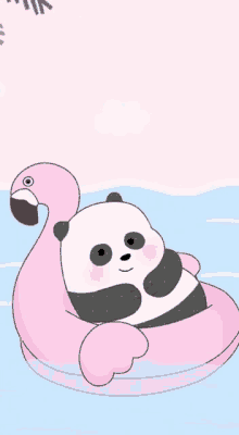 a panda bear is sitting on a pink flamingo float in the water .