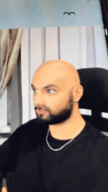 a bald man with a beard is sitting in front of a window