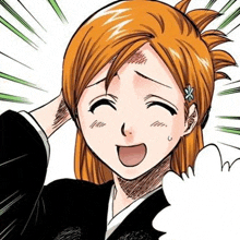 a cartoon of a girl with orange hair and a flower in her hair is smiling and holding her head .