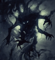 a painting of a monster with glowing eyes coming out of the darkness .