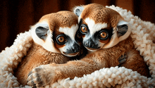 two lemurs are hugging each other in a pile of flowers