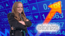 a young girl stands in front of a stock chart with the word stonks on it