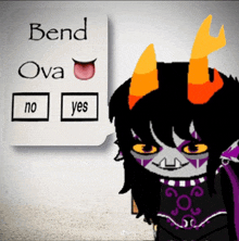 a cartoon character with horns is standing next to a sign that says bend ova no yes