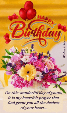 a happy birthday card with a bouquet of flowers and balloons