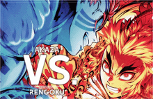 a poster for akaza vs rengoku shows a blue and red anime character