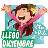 a cartoon of a girl with a holly on her head and the words llego diciembre