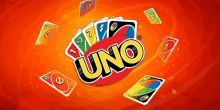 a card game called uno is being played on a red background