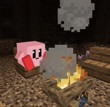 kirby is sitting next to a fire in minecraft