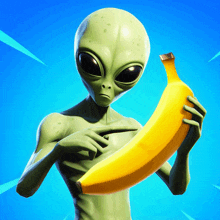 a green alien is holding a yellow banana in his hands