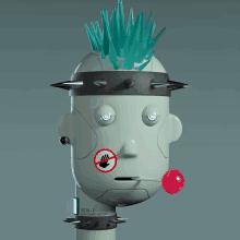 a robot with a mohawk has a no smoking sign on its face