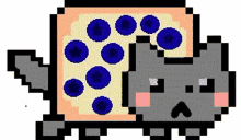 a pixel art drawing of a cat eating a toaster with blueberries on it .