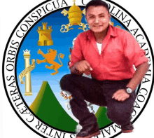 a man in a red shirt is squatting in front of an orbis conspicua logo