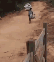 a man is carrying a bag on his head while walking down a dirt road next to a wooden fence .