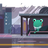 an illustration of a frog sitting at a bus stop in the rain