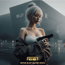 a woman is holding a gun in front of a lot building