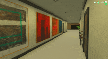 a long hallway with paintings on the walls and a screen that says ' 4 way ' at the bottom