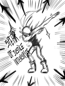 a black and white drawing of a person with the words " spear of justice intensities "