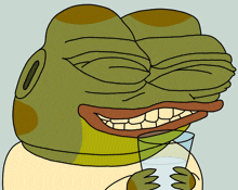 a cartoon frog is holding a glass of water with his eyes closed