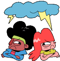 a cartoon of a man and a woman with their arms crossed under a cloud with a lightning bolt coming out of it