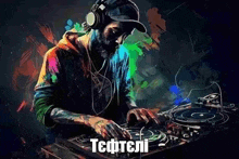 a man wearing headphones is playing music on a turntable and the word teftteli is on the bottom