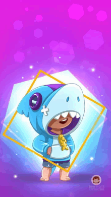 leon from brawl stars is wearing a shark costume and holding a gold key .