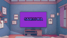 a living room with a purple screen that says sanecha