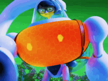 a cartoon character wearing glasses and a helmet with an orange shield