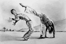 a black and white drawing of two men doing capoeira in the desert .