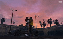 a man and woman are hugging in front of a car with a sign that says fashion bar