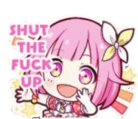 a cartoon girl with pink hair and a flower in her hair says " shut the fuck up "