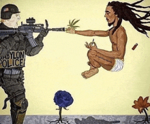 a painting of a police officer shooting a man with dreadlocks .