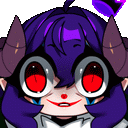 a cartoon character with purple hair and red eyes is smiling and crying .