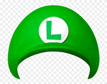 a green hat with a white circle with a letter l on it