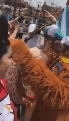 a woman in a hello kitty shirt is holding a stuffed animal in a crowd of people at a water park .