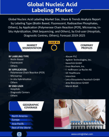 an advertisement for the global nucleic acid labeling market shows a picture of a person holding a pipette