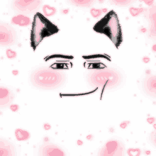 a drawing of a face with cat ears and hearts in the background