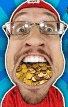 a man with glasses and a beard is eating coins .