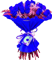 a bouquet of blue roses and pink baby 's breath is wrapped in a blue wrapper