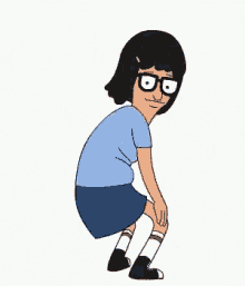 a cartoon character from bob 's burgers is squatting down with her hands on her knees .