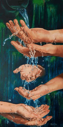 a painting of a person 's hands reaching out to catch water