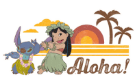 a picture of stitch and a girl with the word aloha written on it