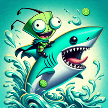 a cartoon character is riding a shark in the water