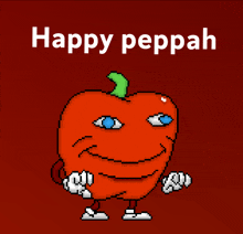 a pixel art of a red pepper with blue eyes and the words happy peppah below it