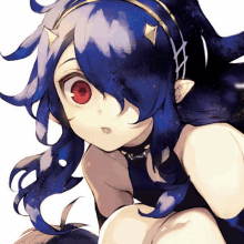 a girl with blue hair and red eyes is wearing a headband with the letter h on it