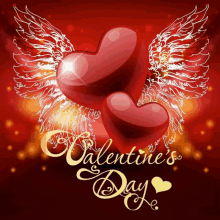 a valentine 's day greeting card with two hearts with wings on a red background