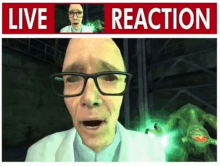 a cartoon of a man with glasses and a sign that says live reaction