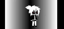 a cartoon character with white hair and red eyes is standing in the corner of a dark room .