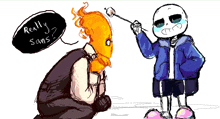 a drawing of sans holding a marshmallow and talking to another character